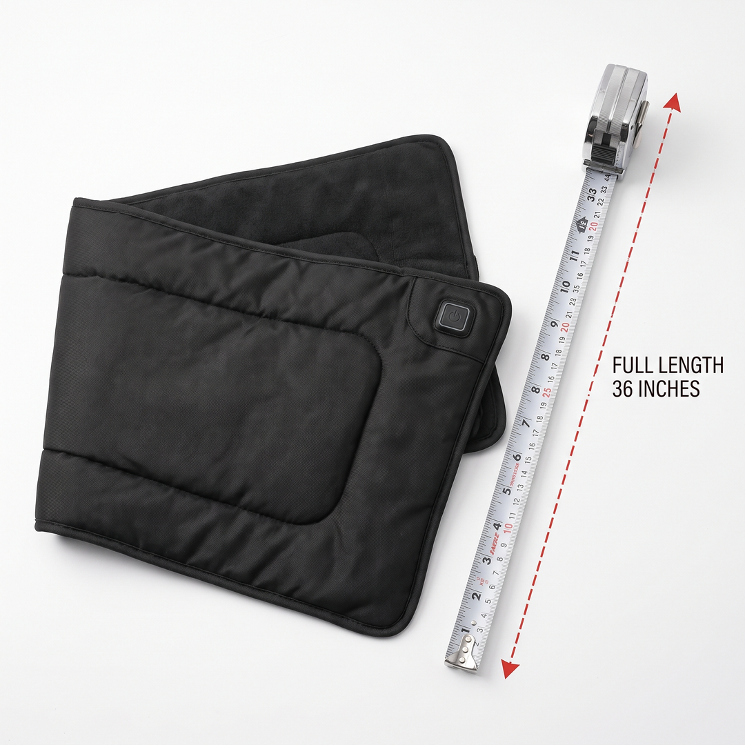 Warmth wrap laid flat with tape measure showing full length
