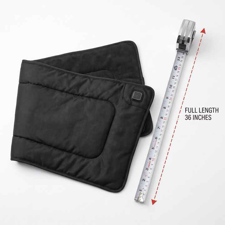 Warmth wrap laid flat with tape measure showing full length