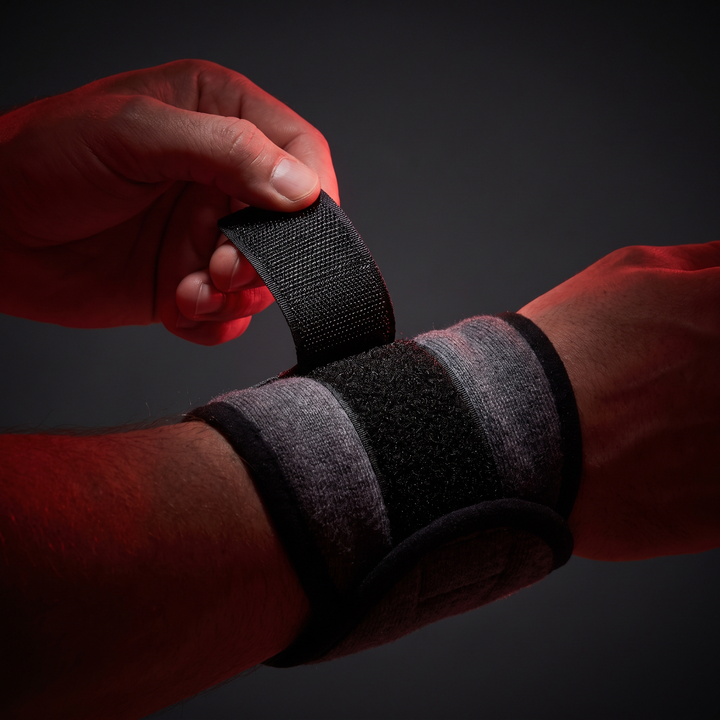 Adjustable strap being fastened for a snug, comfortable fit