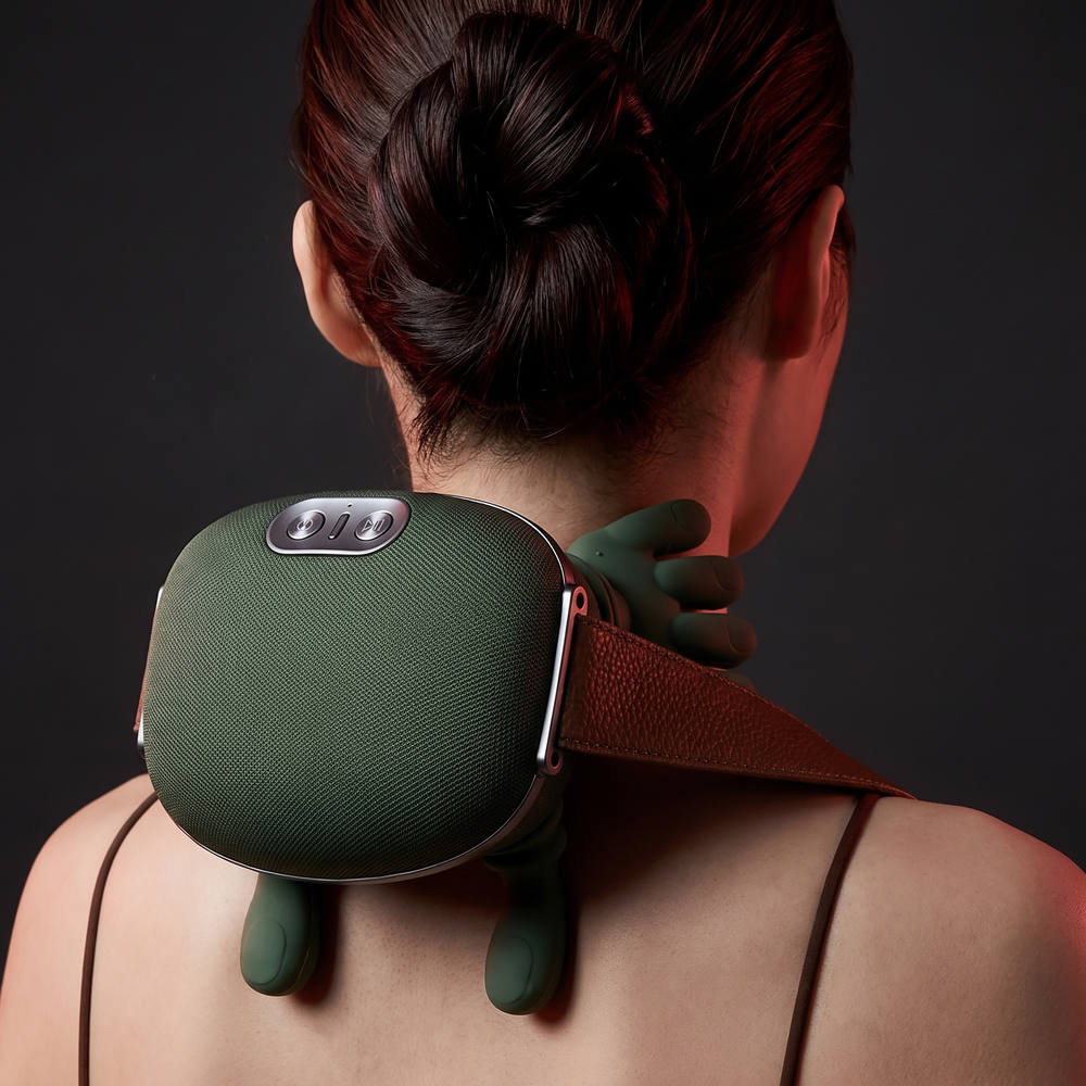 PhysioAthletX neck massager back view showing adjustable strap and kneading nodes