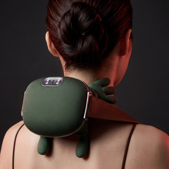 PhysioAthletX neck massager back view showing adjustable strap and kneading nodes