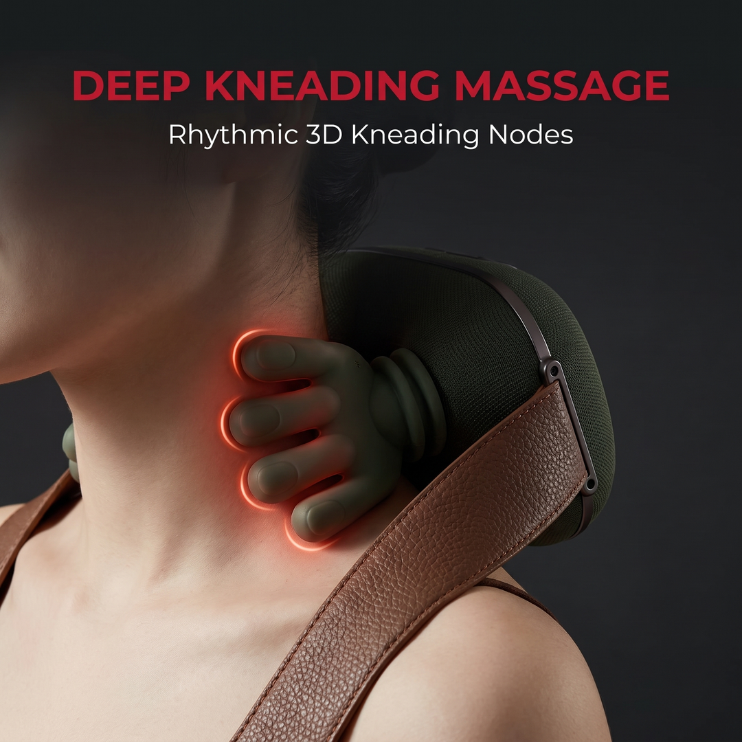 Close-up of PhysioAthletX neck massager kneading nodes for deep muscle massage