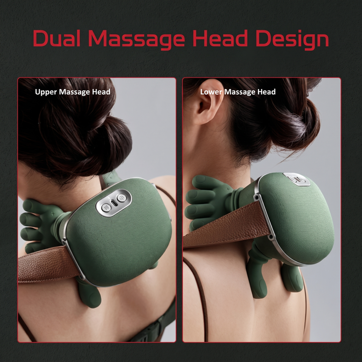 Diagram of PhysioAthletX neck massager dual massage head design, upper and lower nodes