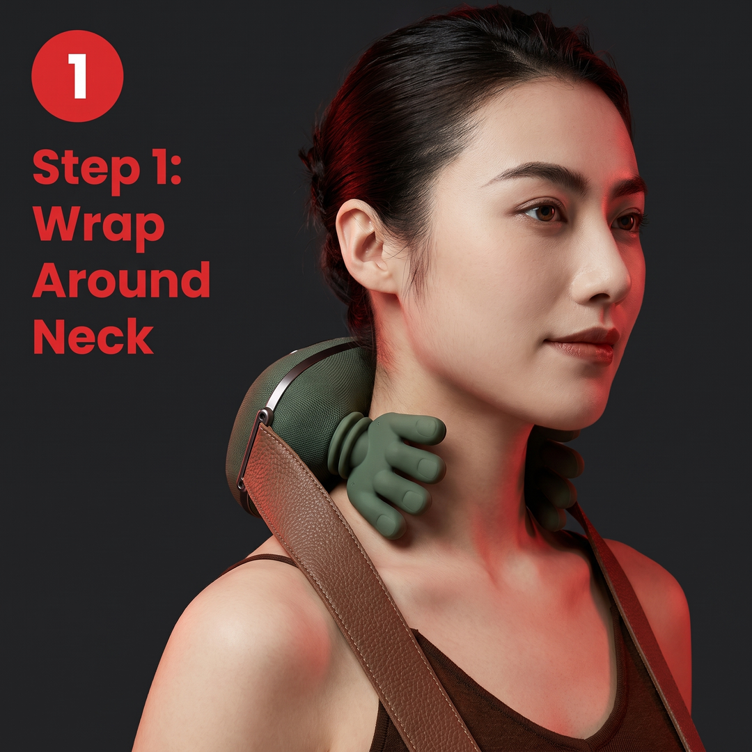 Step 1: wrap PhysioAthletX neck massager around neck for targeted relief
