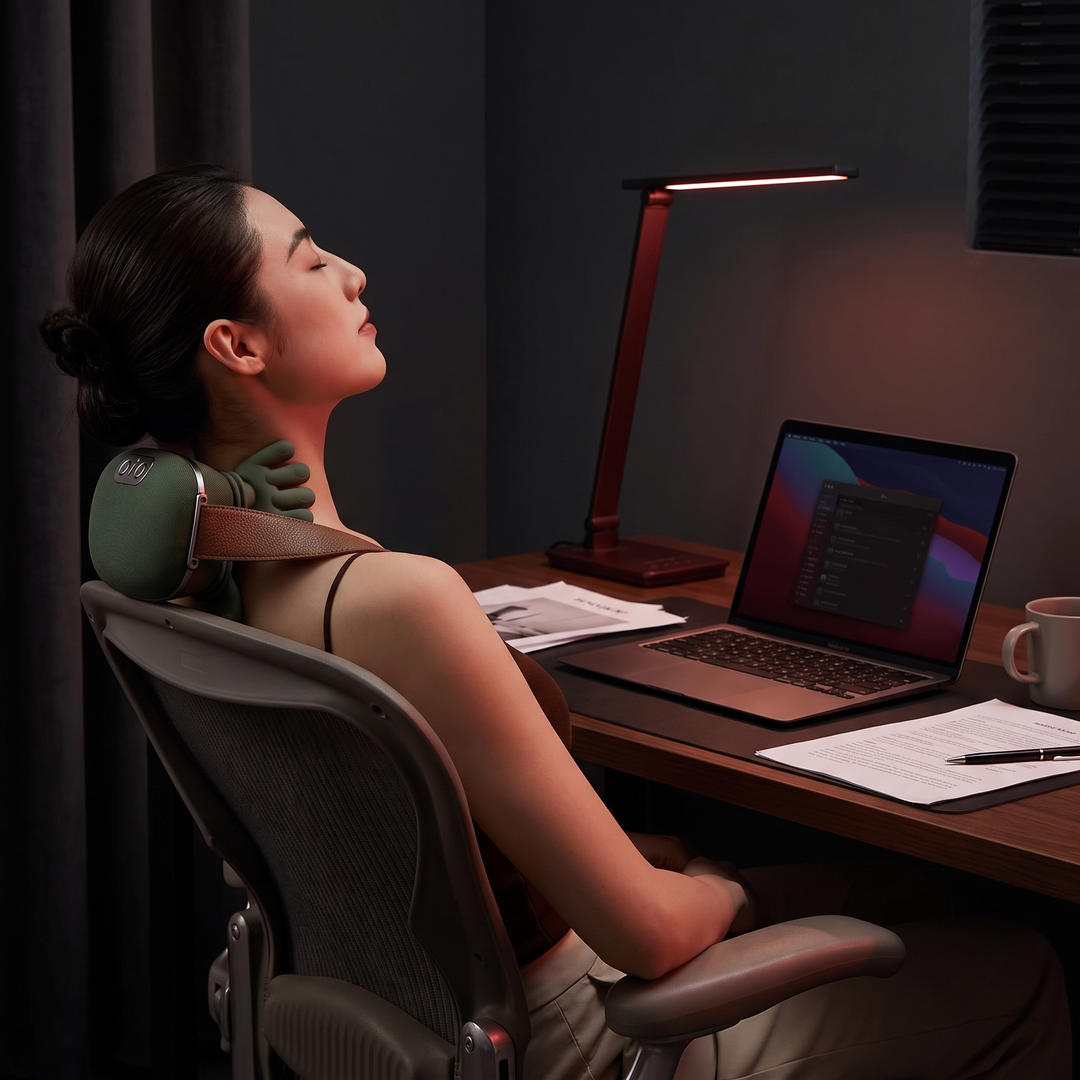 Person using PhysioAthletX neck massager during a home office work break
