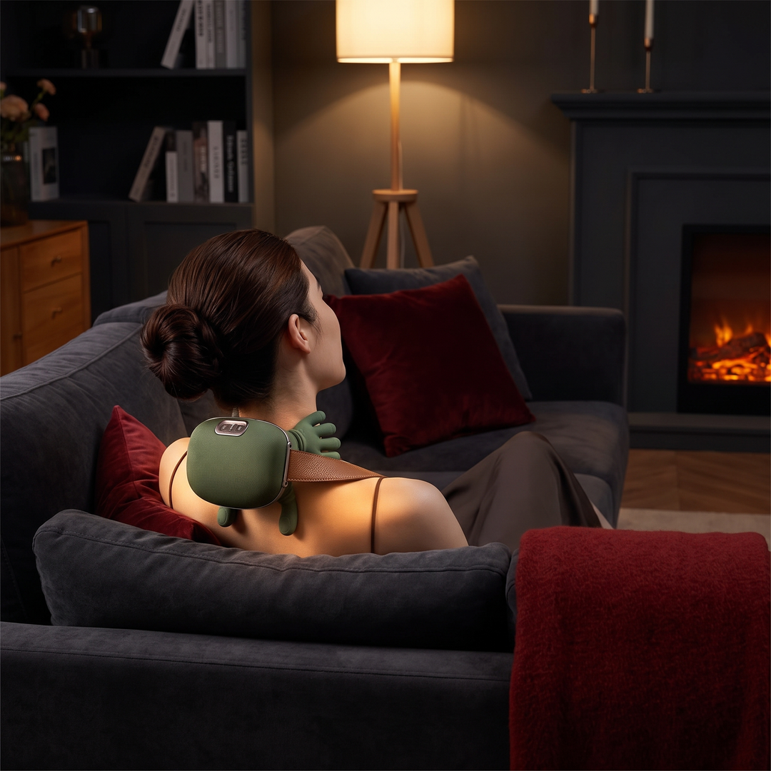 Person relaxing on couch in the evening using PhysioAthletX neck massager