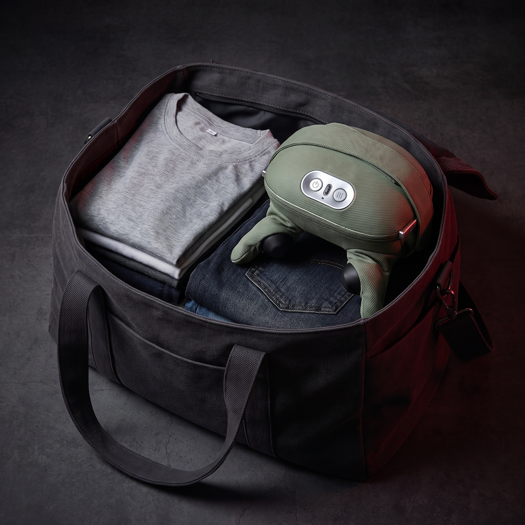 PhysioAthletX neck massager packed in a travel bag for portable recovery on the go