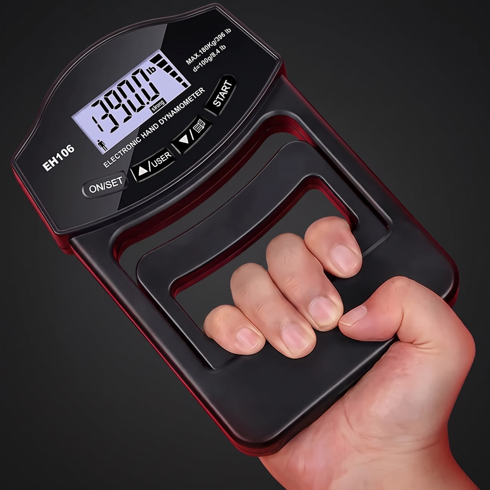 Professional Hand Grip Strength Dynamometer - black grip trainer in hand