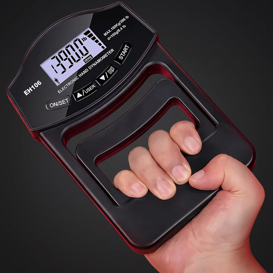 Professional Hand Grip Strength Dynamometer - black grip trainer in hand