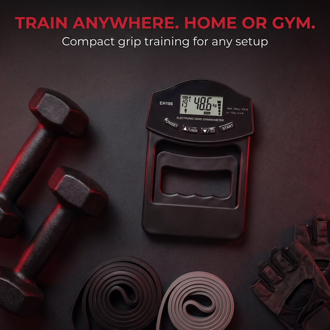 Professional Hand Grip Strength Dynamometer - train anywhere home or gym flat lay