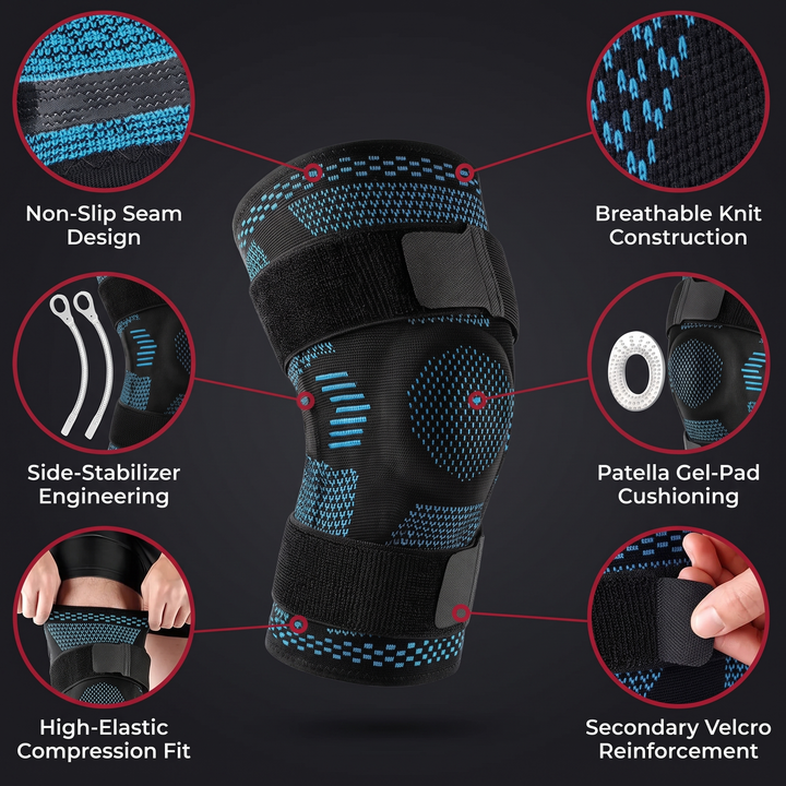 Knee Brace Support Compression Sleeve features: side stabilizers, gel pad, compression fit