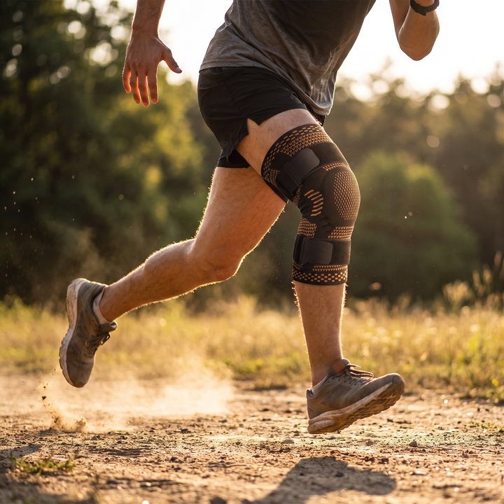 Runner wearing Copper Knee Brace Support Compression Sleeve outdoors