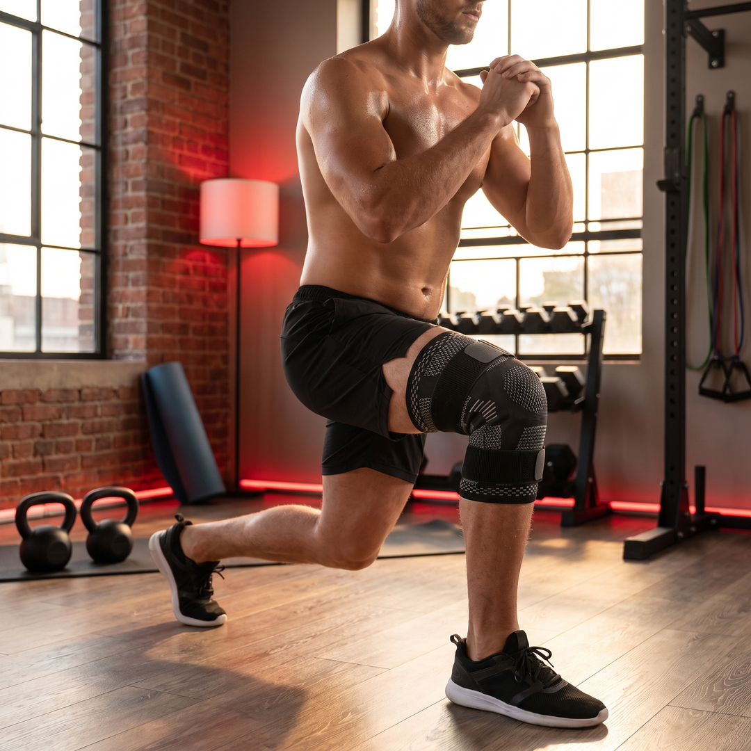Athlete wearing Knee Brace Support Compression Sleeve during a home workout lunge