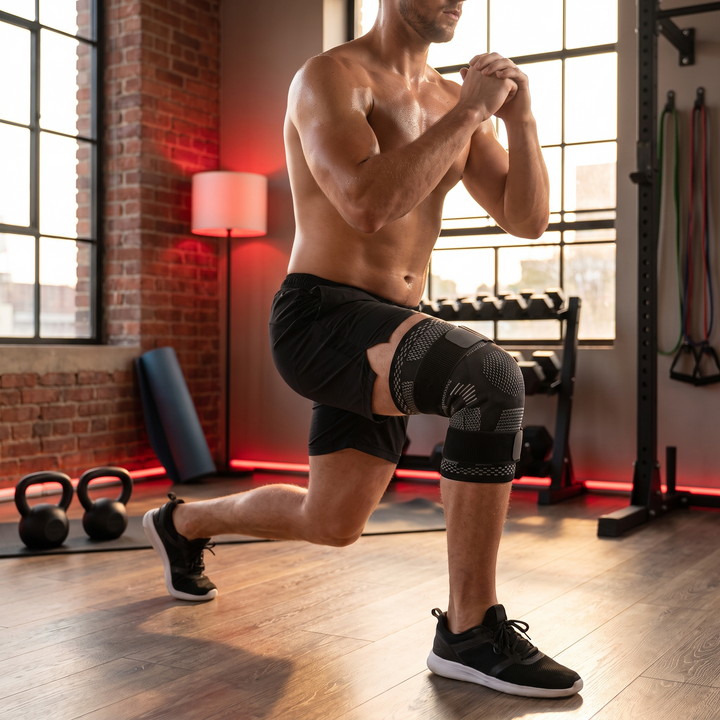 Athlete wearing Knee Brace Support Compression Sleeve during a home workout lunge