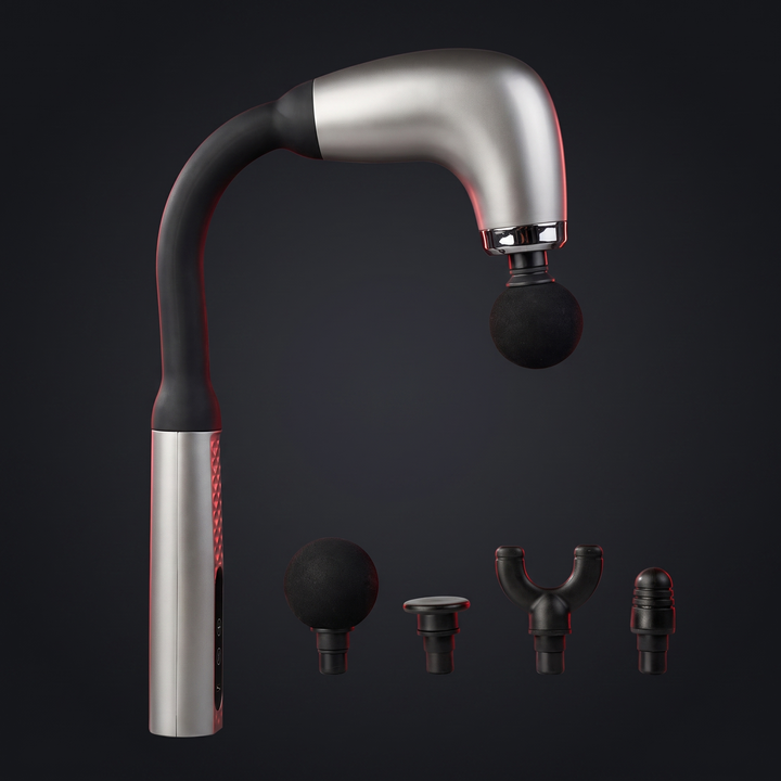 Professional Percussion Massage Gun in Silver with 4 interchangeable massage heads