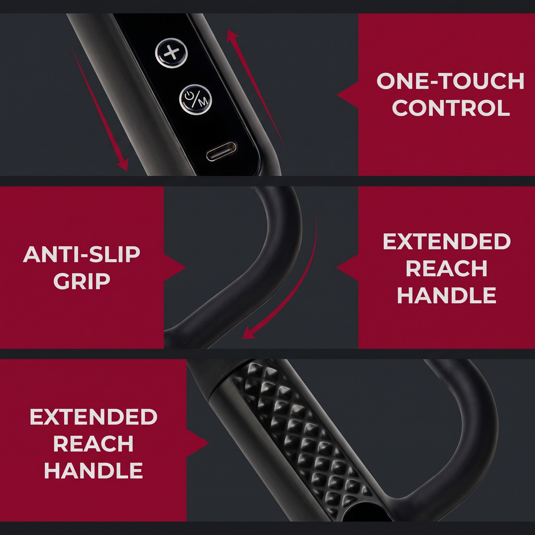 Percussion Massage Gun - one-touch control, anti-slip grip, extended handle