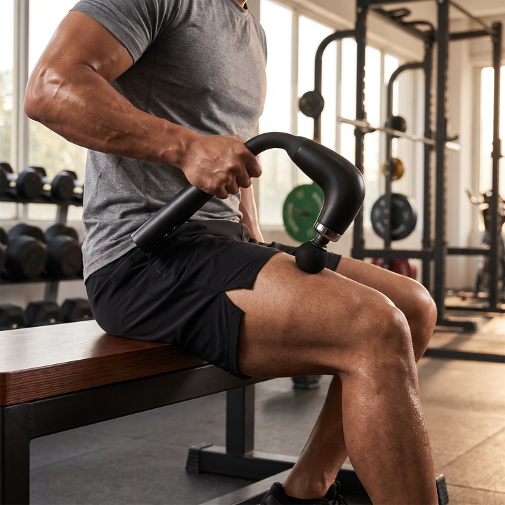 Athlete using Percussion Massage Gun on quad muscle in gym