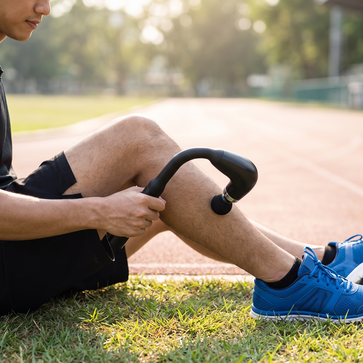 Runner using Percussion Massage Gun on calf muscle trackside