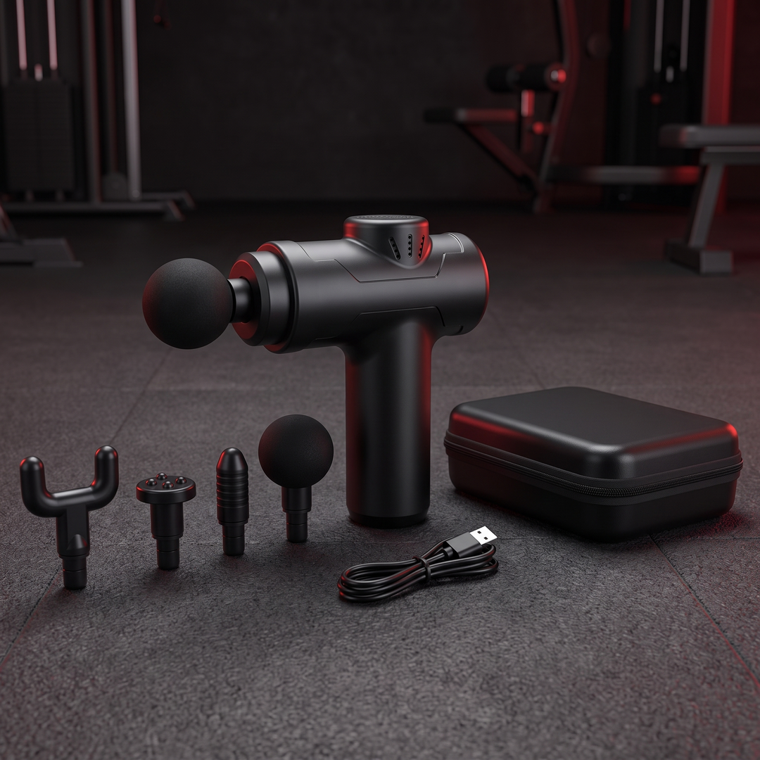 Professional Portable Massage Gun in black with attachment heads and charging case