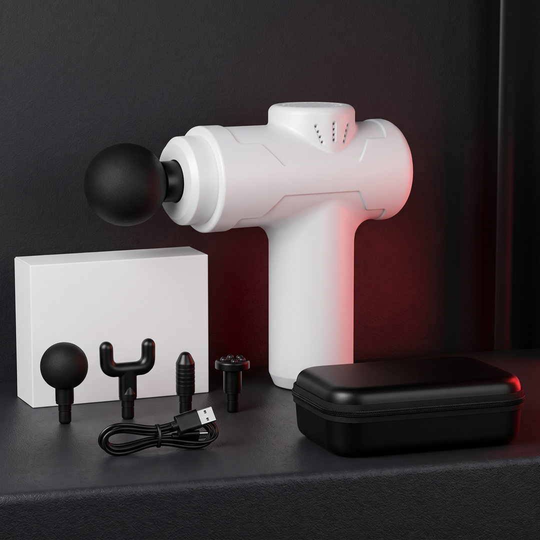 Professional Portable Massage Gun in white with attachment heads and charging case