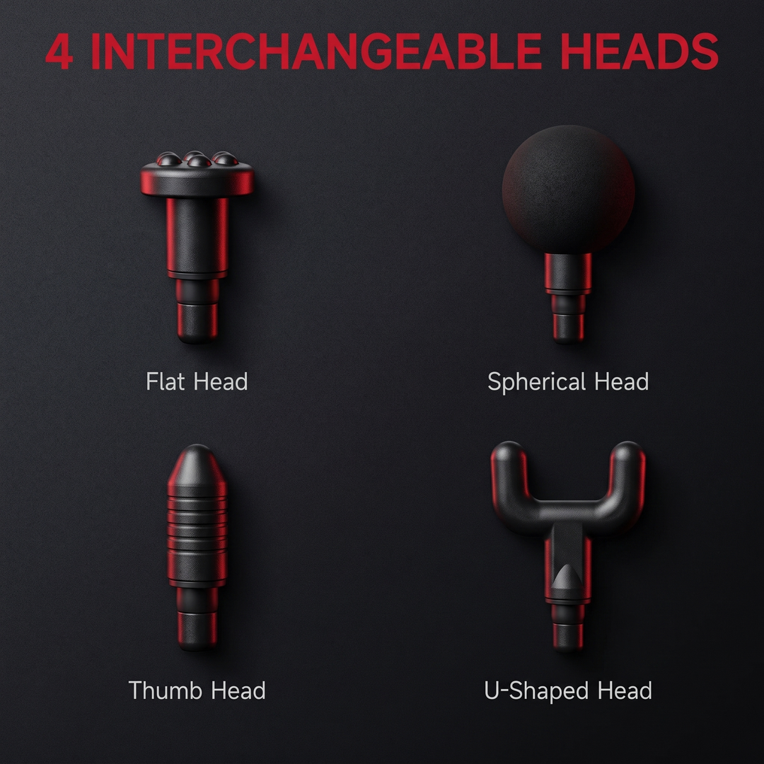Massage gun four interchangeable heads - flat, spherical, thumb, U-shaped