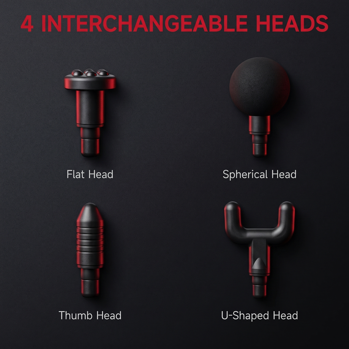 Massage gun four interchangeable heads - flat, spherical, thumb, U-shaped