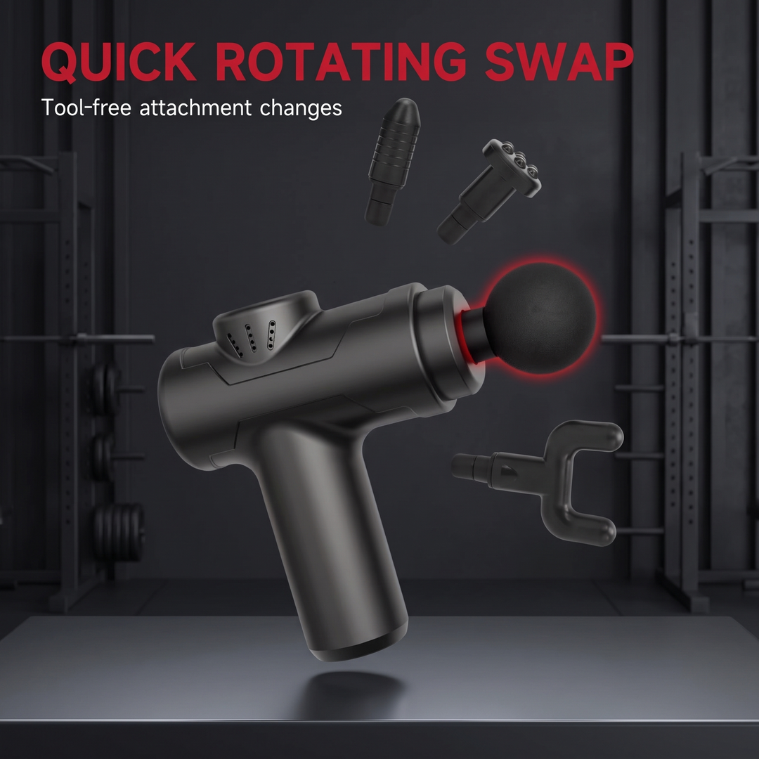 Massage gun quick rotating swap attachment heads, tool-free changes