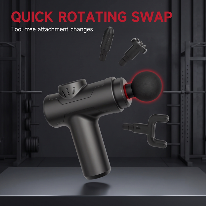 Massage gun quick rotating swap attachment heads, tool-free changes