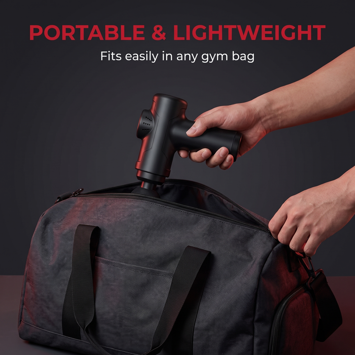 Portable lightweight massage gun packed in gym bag