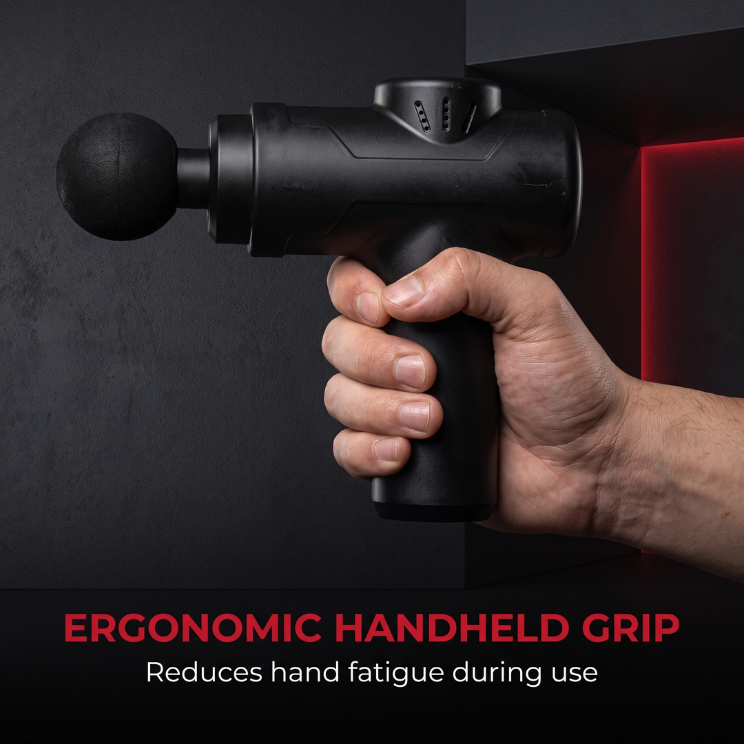 Massage gun ergonomic handheld grip reduces hand fatigue