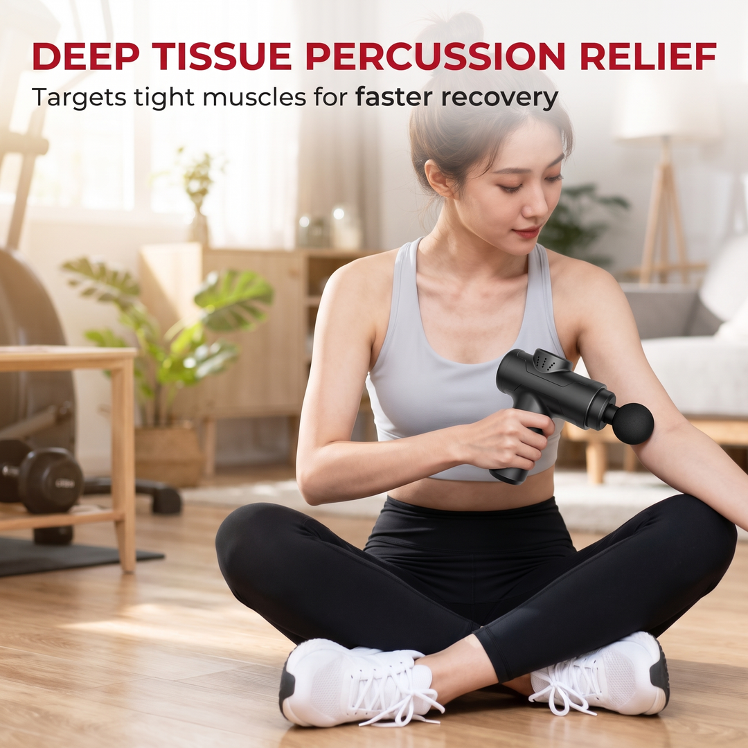 Massage gun deep tissue percussion relief on forearm