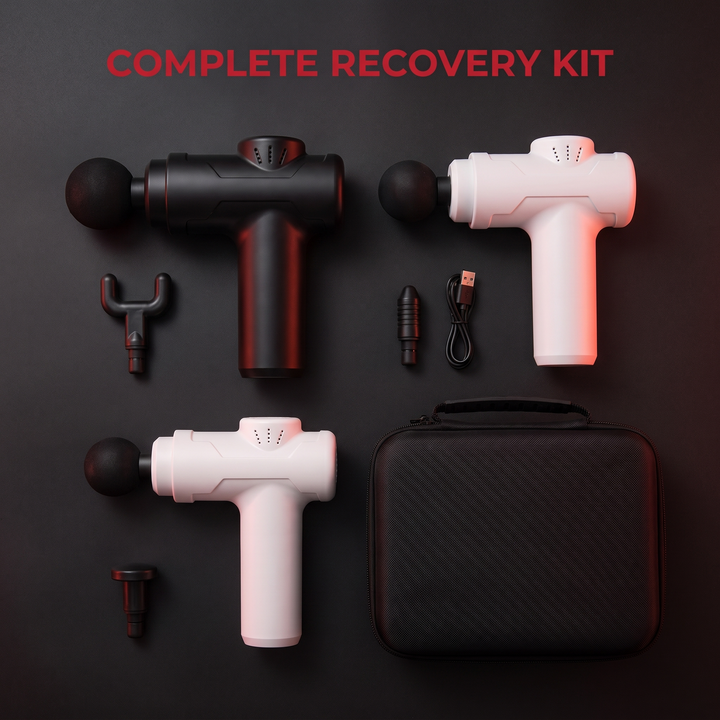 Massage gun complete recovery kit, black and white with accessories