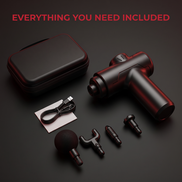 Massage gun accessories included - case, cable, four heads