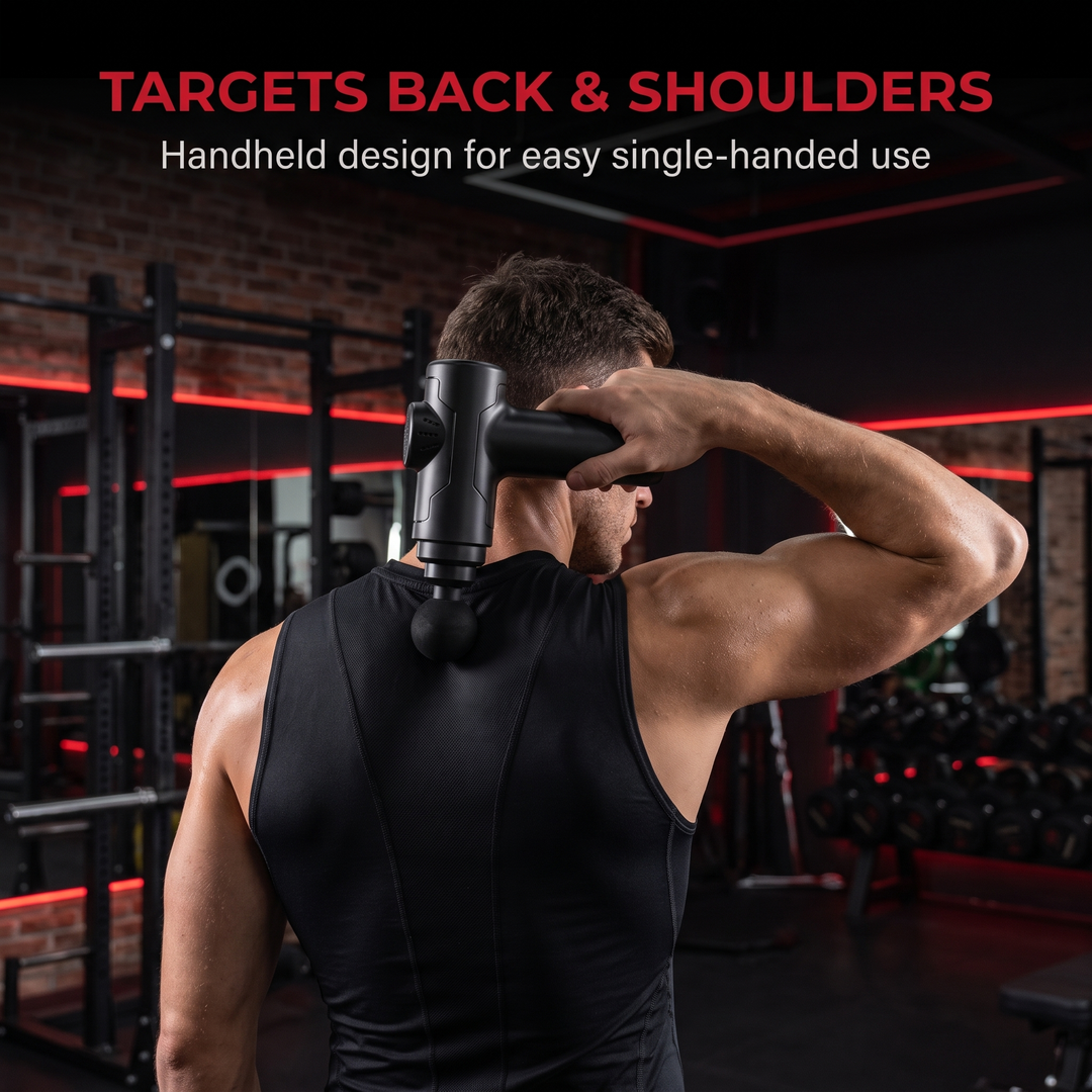 Massage gun targets back and shoulders, single-handed use