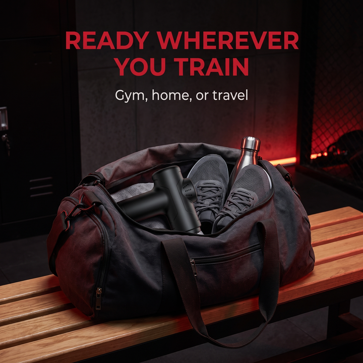 Massage gun packed in gym bag ready for training