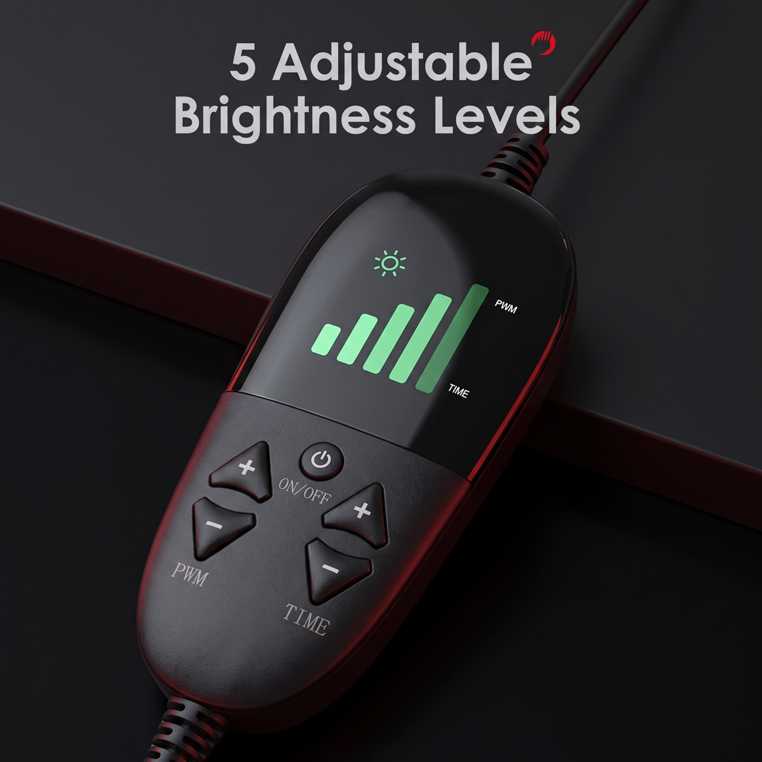 PhysioAthletX Red Light Therapy Pad controller with 5 adjustable brightness levels
