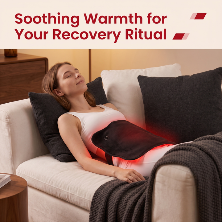 PhysioAthletX Red Light Therapy Pad soothing warmth recovery ritual on couch