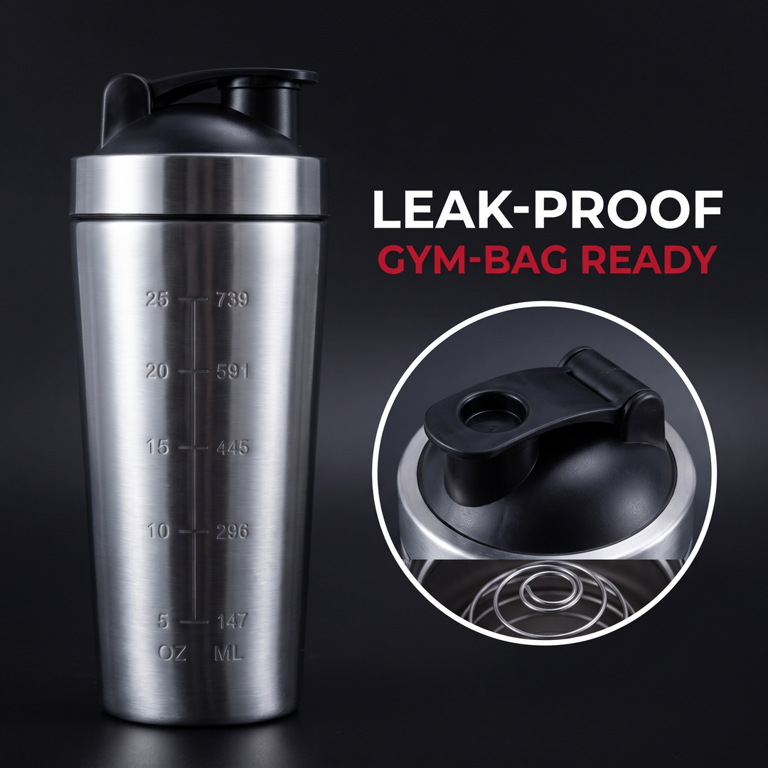 Professional Stainless Steel Protein Shaker Bottle Leak-Proof Blender Cup with Mixing Ball for Gym Fitness Pre-Workout Supplements Portable Sports Nutrition Shaker