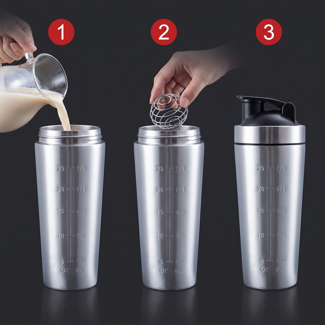 Professional Stainless Steel Protein Shaker Bottle Leak-Proof Blender Cup with Mixing Ball for Gym Fitness Pre-Workout Supplements Portable Sports Nutrition Shaker