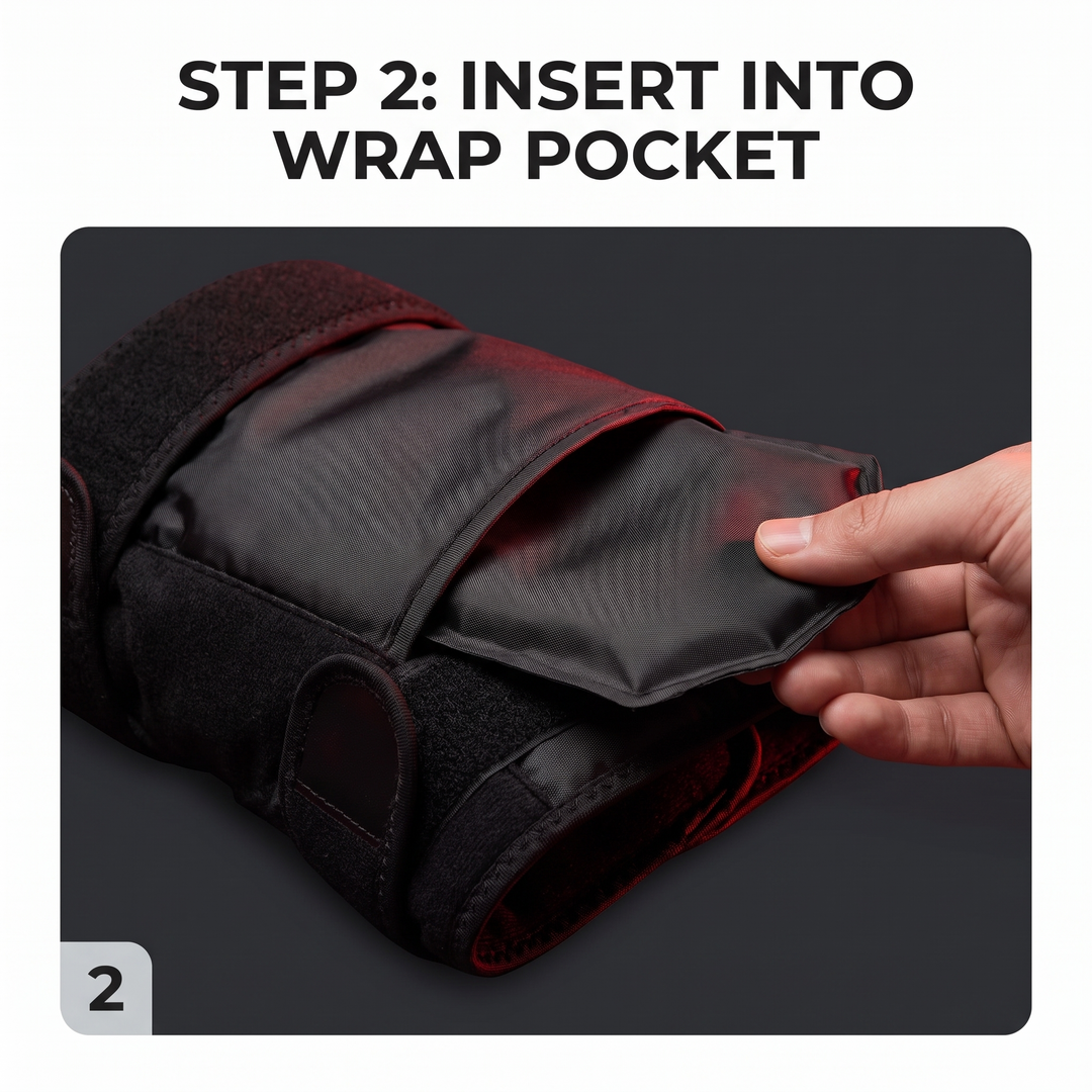 Reusable Knee Ice Pack Wrap - How It Works Step 2 Insert Gel Pack Into Wrap Pocket