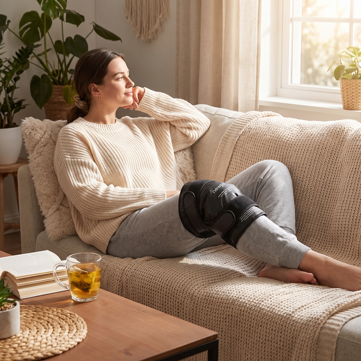 Reusable Knee Ice Pack Wrap - Lifestyle Cold Therapy Comfort at Home on Couch