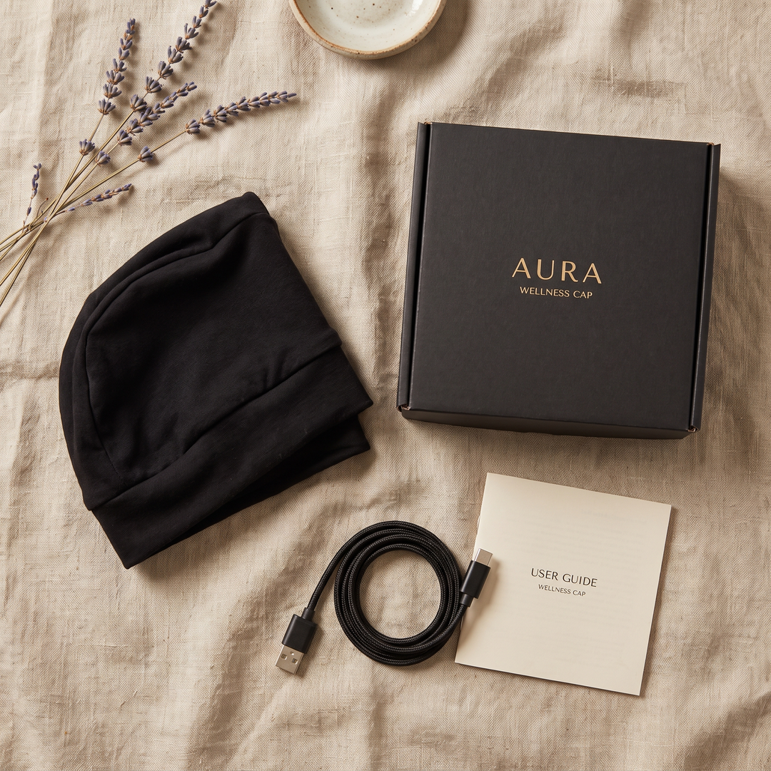 Flat lay of the black scalp care cap with retail packaging, USB cable and instruction booklet