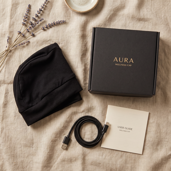 Flat lay of the black scalp care cap with retail packaging, USB cable and instruction booklet