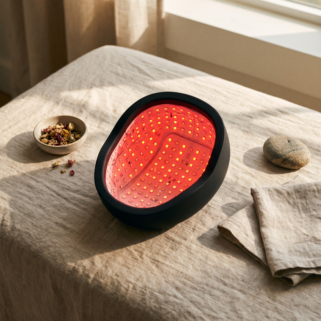 Black LED scalp care cap top-down view