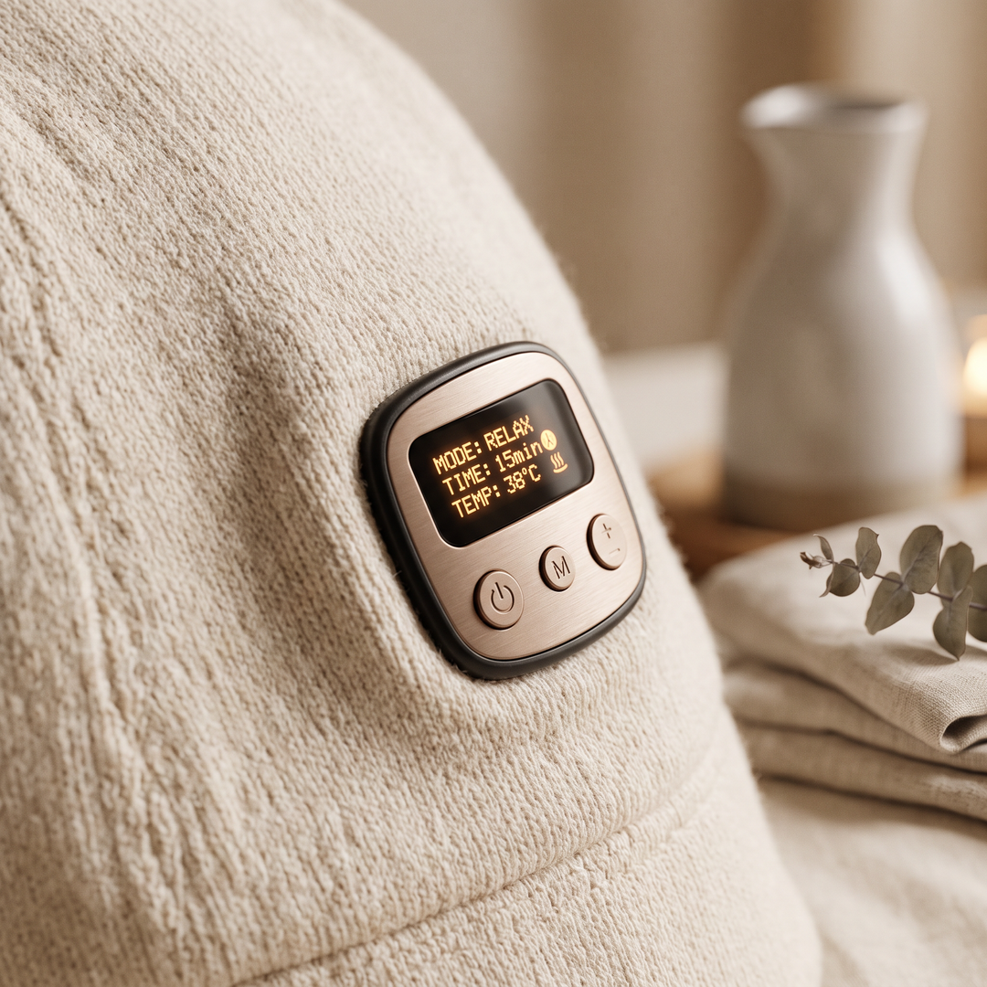 Close-up of the control button and digital display panel on the scalp care cap