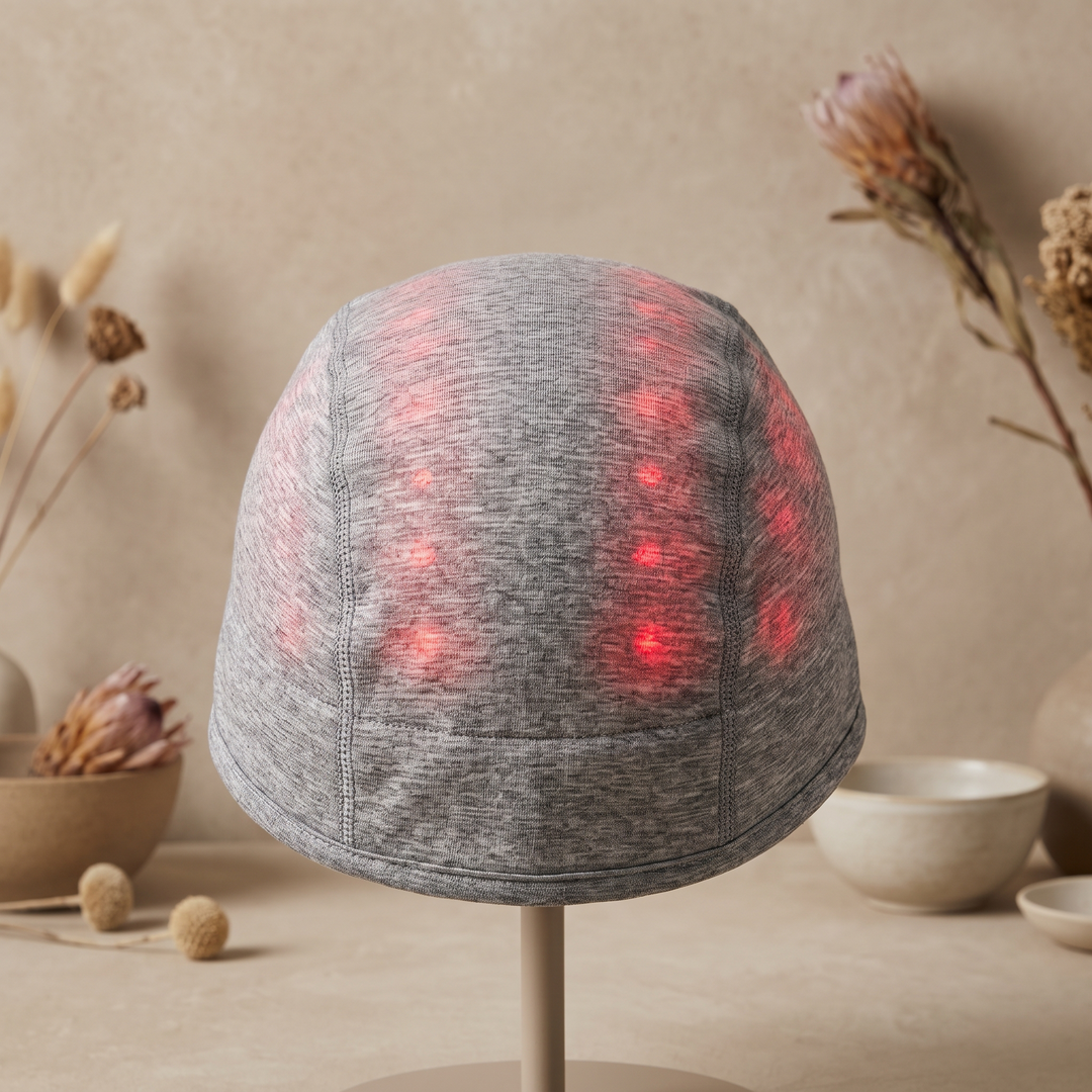 Grey LED scalp care cap centered front view