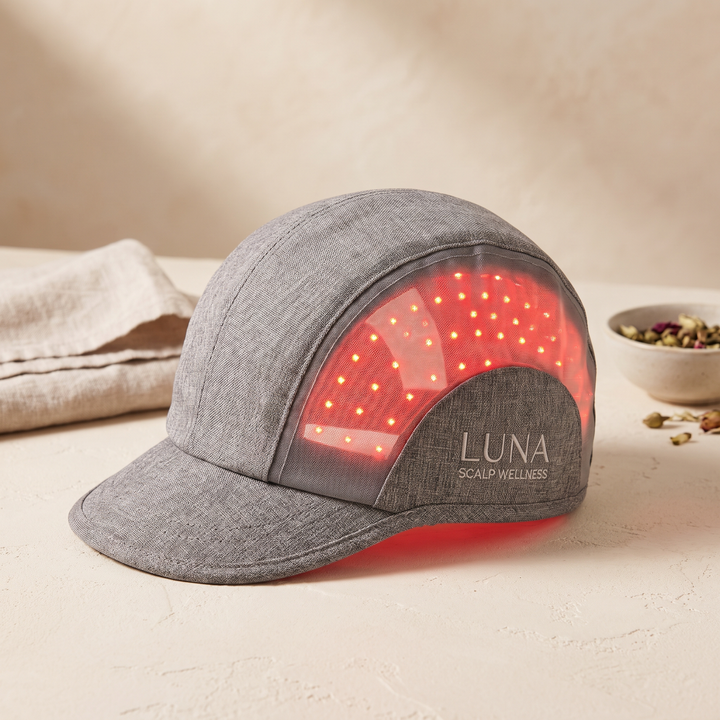 Grey LED scalp care cap side view showing mesh panel with red LED array