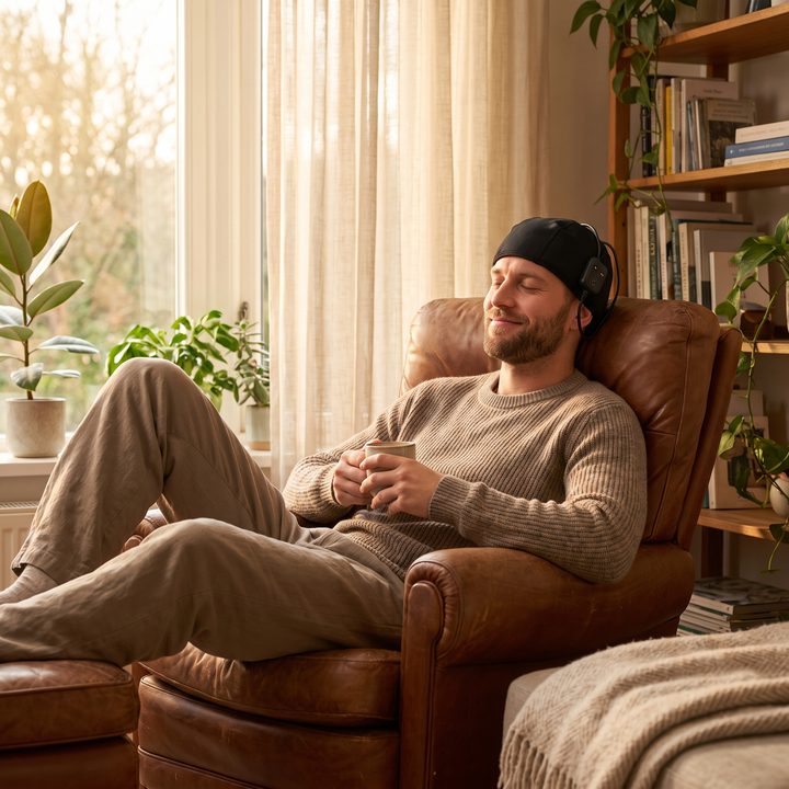 Person relaxing in an armchair at home wearing the black LED scalp care cap during a calm self-care routine
