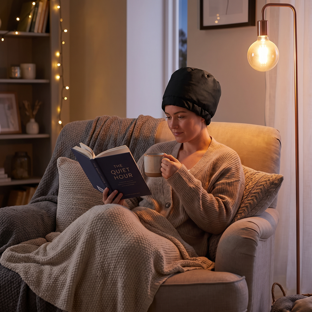 Person relaxing on a sofa at home wearing the black LED scalp care cap during a calm self-care routine