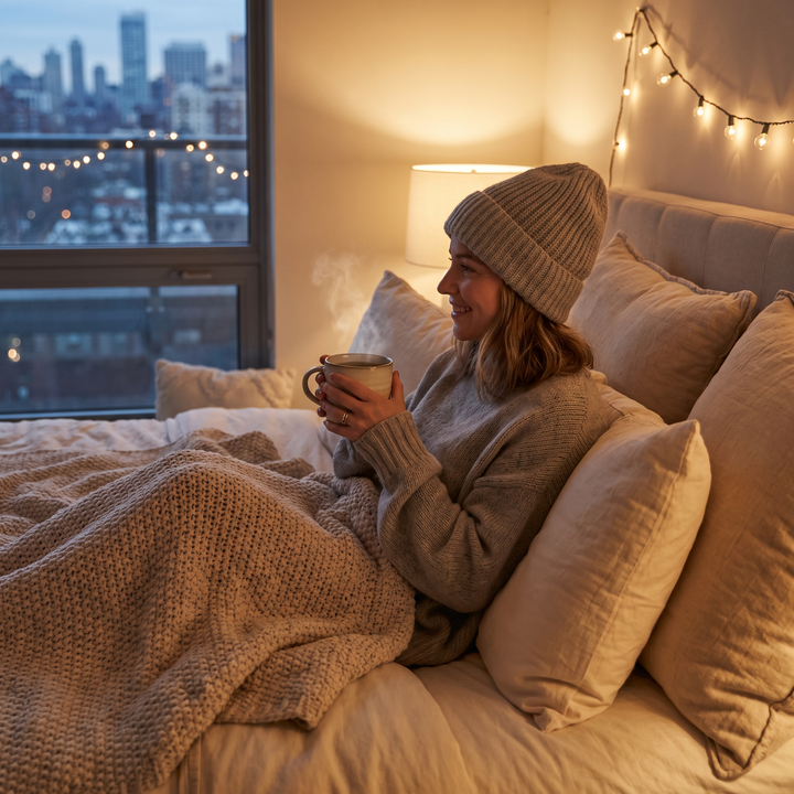Person relaxing in bed wearing the grey LED scalp care cap during a calm evening self-care ritual